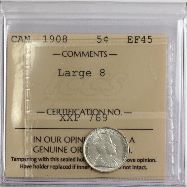 1908 Large 8 Canada 5-cents ICCS Certified EF-45 For Discount