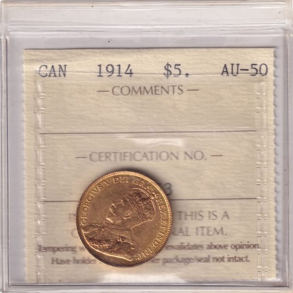 1914 Canada $5 Gold ICCS Certified AU-50 Cheap