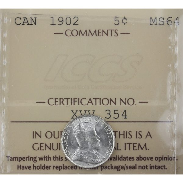 1902 Canada 5-cents ICCS Certified MS-64 on Sale