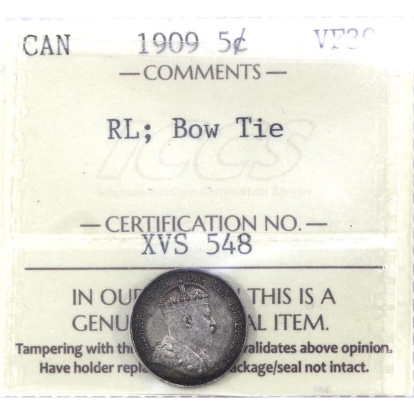 1909 RL, Bow Tie Canada 5-cents ICCS Certified VF-30 For Discount