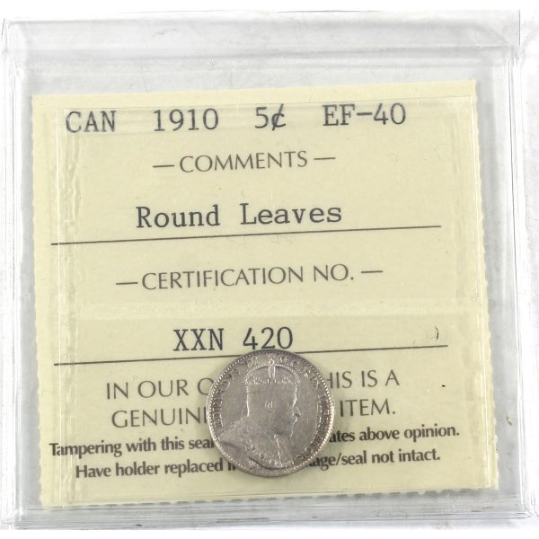 1910 Round Leaves Canada 5-cents ICCS Certified EF-40 Online now