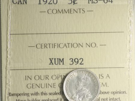 1920 Canada 5-cents ICCS Certified MS-64 (XUM 392) Hot on Sale