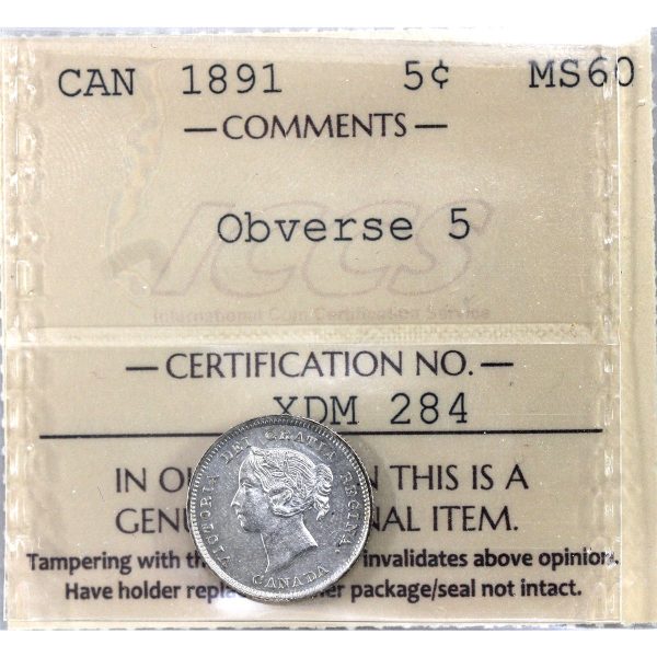 1891 Obverse 5 Canada 5-cents ICCS Certified MS-60 (XDM 284) Hot on Sale