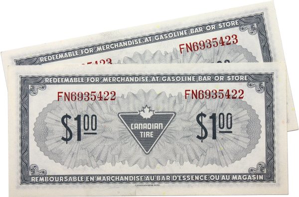 S4-F-FN 1974 Canadian Tire Coupon $1.00 Almost Uncirculated (Holes) 2 Notes Discount