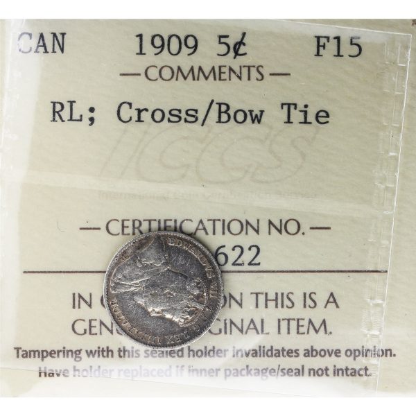 1909 RL, Cross Bow Tie Canada 5-cents ICCS Certified F-15 Discount