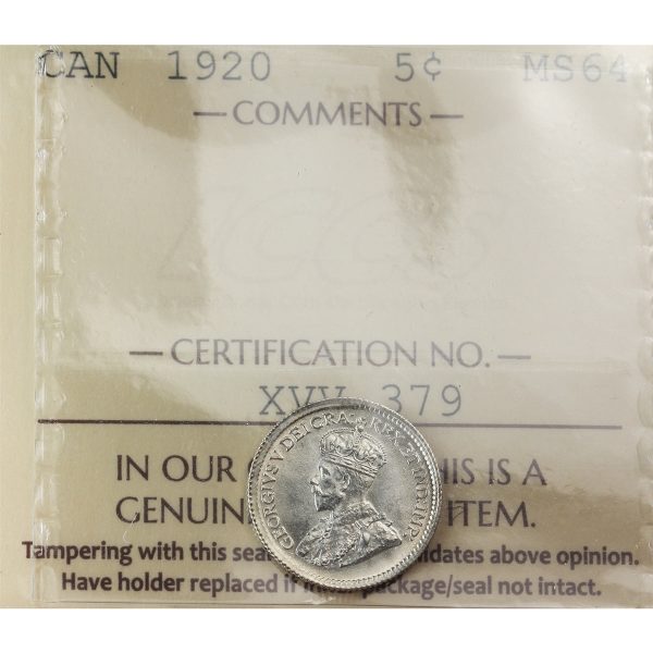 1920 Canada 5-cents ICCS Certified MS-64 (XVV 379) Fashion