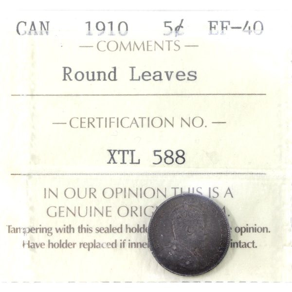 1910 Round Leaves Canada 5-cents ICCS Certified EF-40 Online now