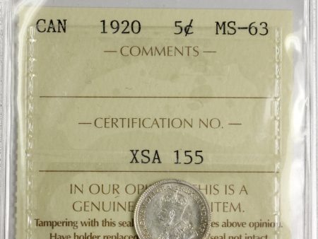 1920 Canada 5-cents ICCS Certified MS-63 Fashion