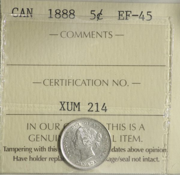 1888 Canada 5-cents ICCS Certified EF-45 Online now