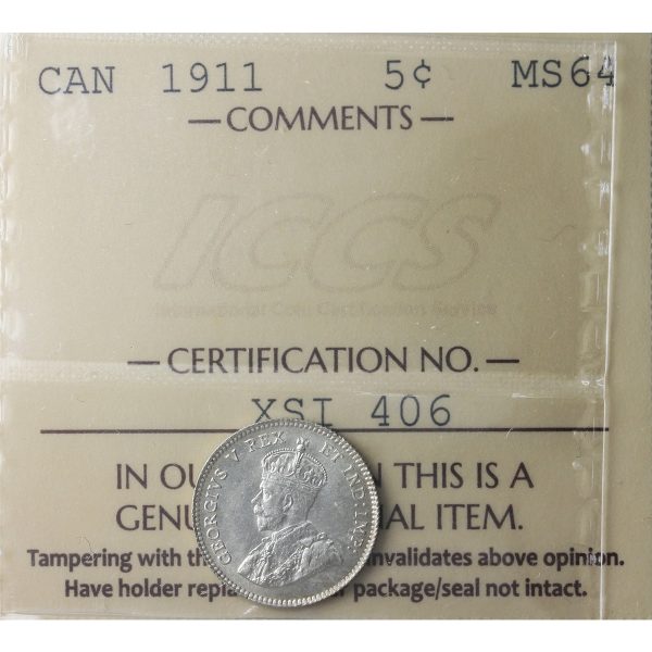 1911 Canada 5-cents ICCS Certified MS-64 (XSI 406) Online Sale