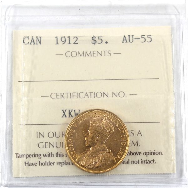 1912 Canada $5 Gold ICCS Certified AU-55 Discount