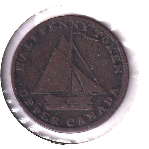 UC-9A2 1820 Upper Canada Points Between DA Commercial Change Half Penny Token G-VG (G-6) Hot on Sale