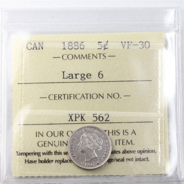 1886 Large 6 Canada 5-cents ICCS Certified VF-30 Cheap