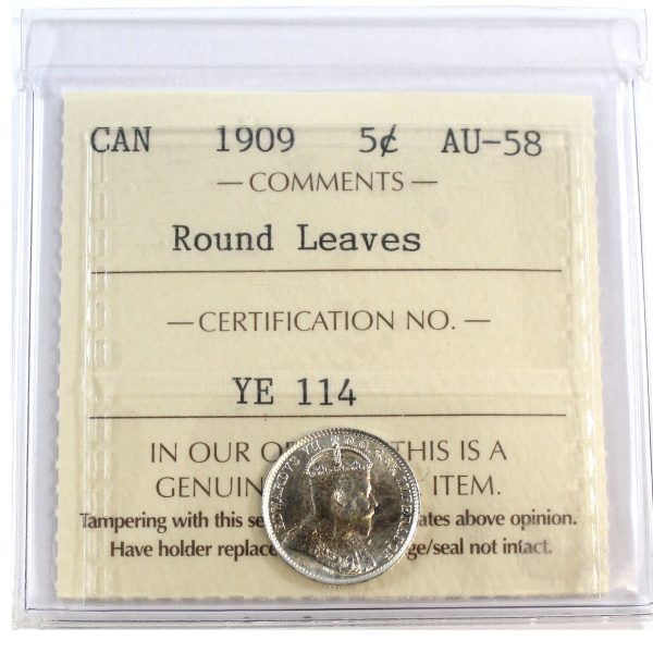 1909 Round Leaves Canada 5-cents ICCS Certified AU-58 (YE 114) Online Sale