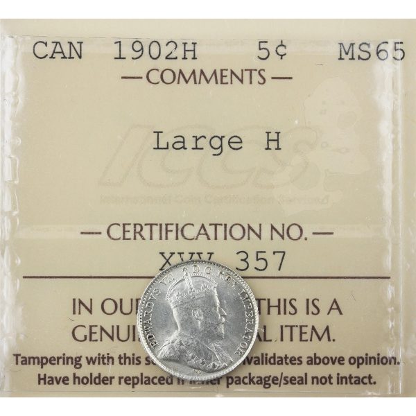 1902H Large H Canada 5-cents ICCS Certified MS-65 (XVV 357) Online Hot Sale