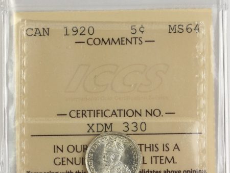 1920 Canada 5-cents ICCS Certified MS-64 (XDM 330) For Cheap