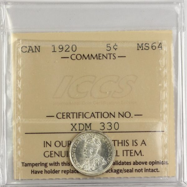 1920 Canada 5-cents ICCS Certified MS-64 (XDM 330) For Cheap