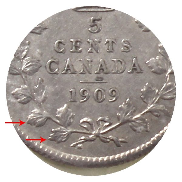 1909 Round Leaves, Bow Tie Canada 5-cents ICCS Certified EF-45 For Sale