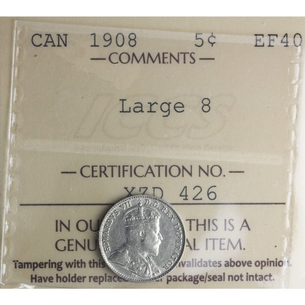 1908 Large 8 Canada 5-cents ICCS Certified EF-40 Sale