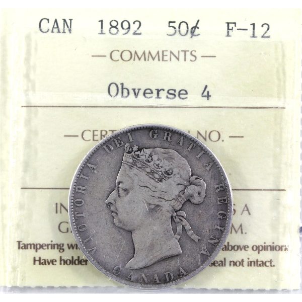 1892 Obv. 4 Canada 50-cents ICCS Certified F-12 For Cheap