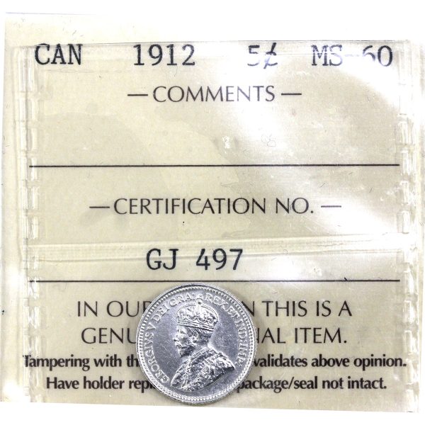 1912 Canada 5-cents ICCS Certified MS-60 (GJ 497) For Discount