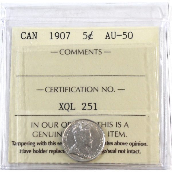 1907 Canada 5-cents ICCS Certified AU-50 Online Sale