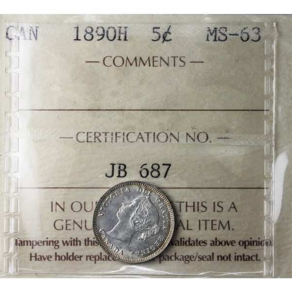 1890H Canada 5-cents ICCS Certified MS-63 (JB 687) Fashion