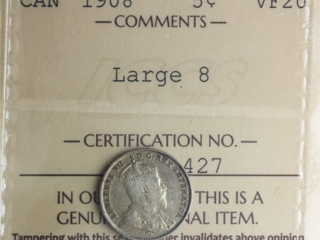 1908 Large 8 Canada 5-cents ICCS Certified VF-20 Sale