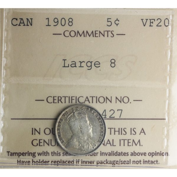 1908 Large 8 Canada 5-cents ICCS Certified VF-20 Sale