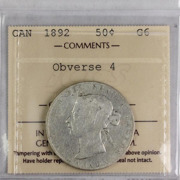 1892 Obv. 4 Canada 50-cents ICCS Certified G-6 Sale