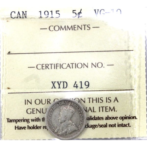 1915 Canada 5-cents ICCS Certified VG-10 Sale