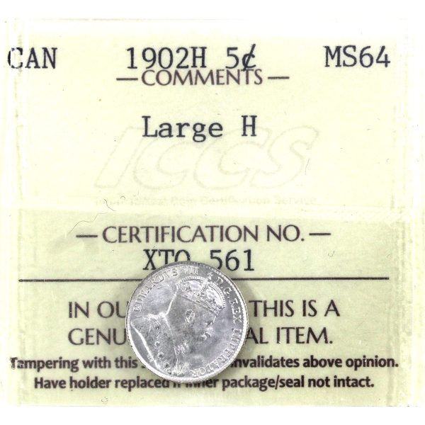 1902H Large H Canada 5-cents ICCS Certified MS-64 (XTQ 561) For Cheap