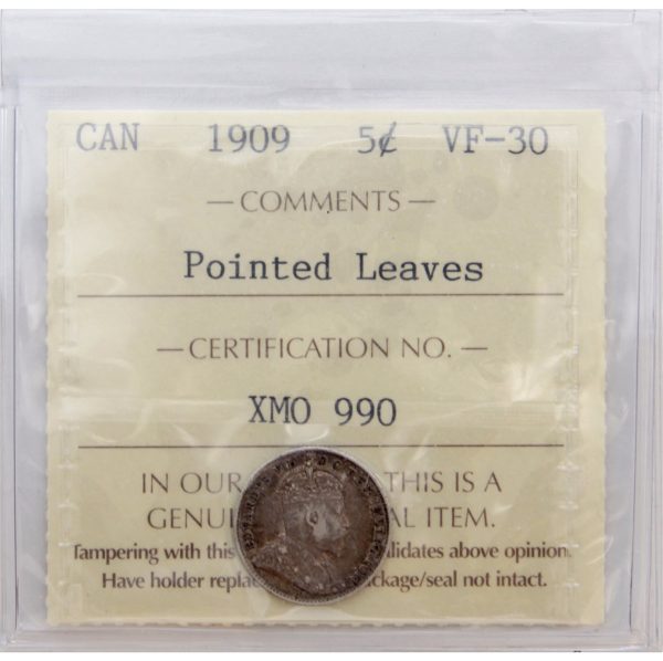 1909 Pointed Leaves Canada 5-cents ICCS Certified VF-30 Hot on Sale