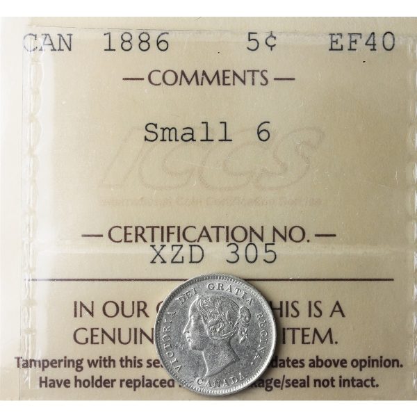 1886 Small 6 Canada 5-cents ICCS Certified EF-40 Supply