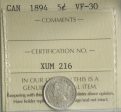 1894 Canada 5-cents ICCS Certified VF-30 on Sale