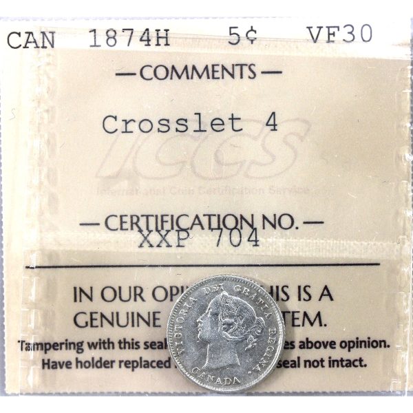 1874H Crosslet 4 Canada 5-cents ICCS Certified VF-30 For Cheap