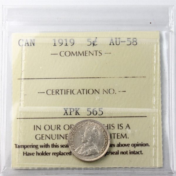 1919 Canada 5-cents ICCS Certified AU-58 Supply