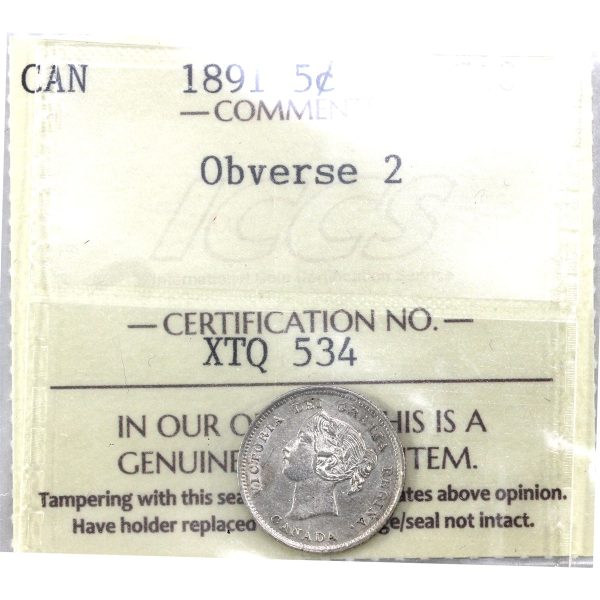 1891 Obv. 2 Canada 5-cents ICCS Certified EF-40 For Sale