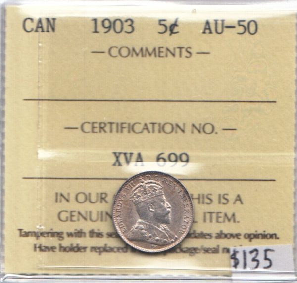 1903 Canada 5-cents ICCS Certified AU-50 Cheap