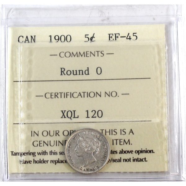 1900 Round O s Canada 5-cents ICCS Certified EF-45 Fashion